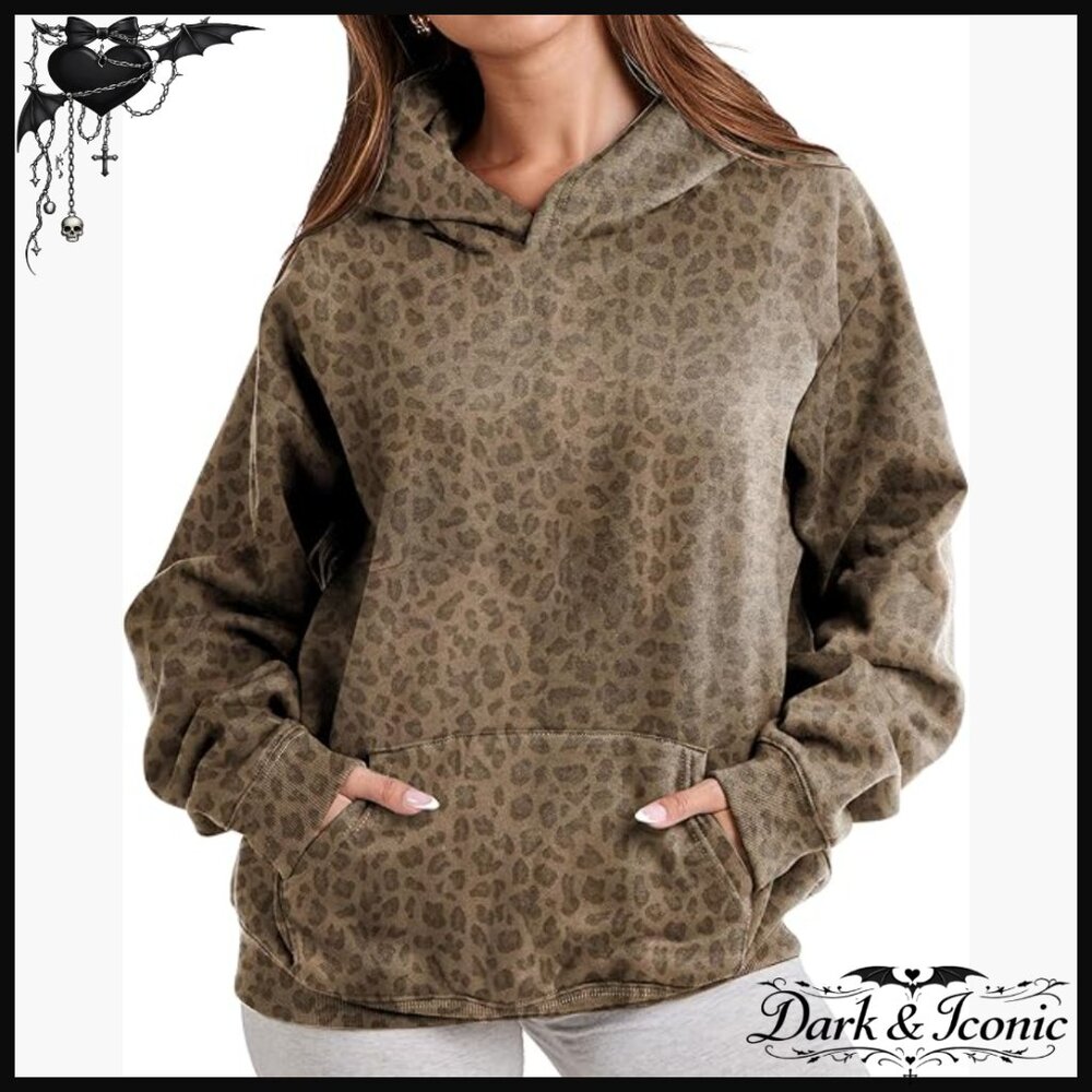 Oversized Leopard Print Hoodie Pullover Long Sleeve Crop Y2K Streetwear